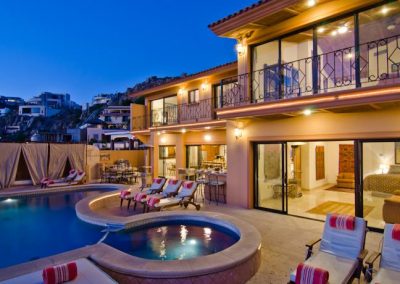 Casa Mega point is one of los cabos most sought after luxury vacation villas for bachelor parties pool at dusk